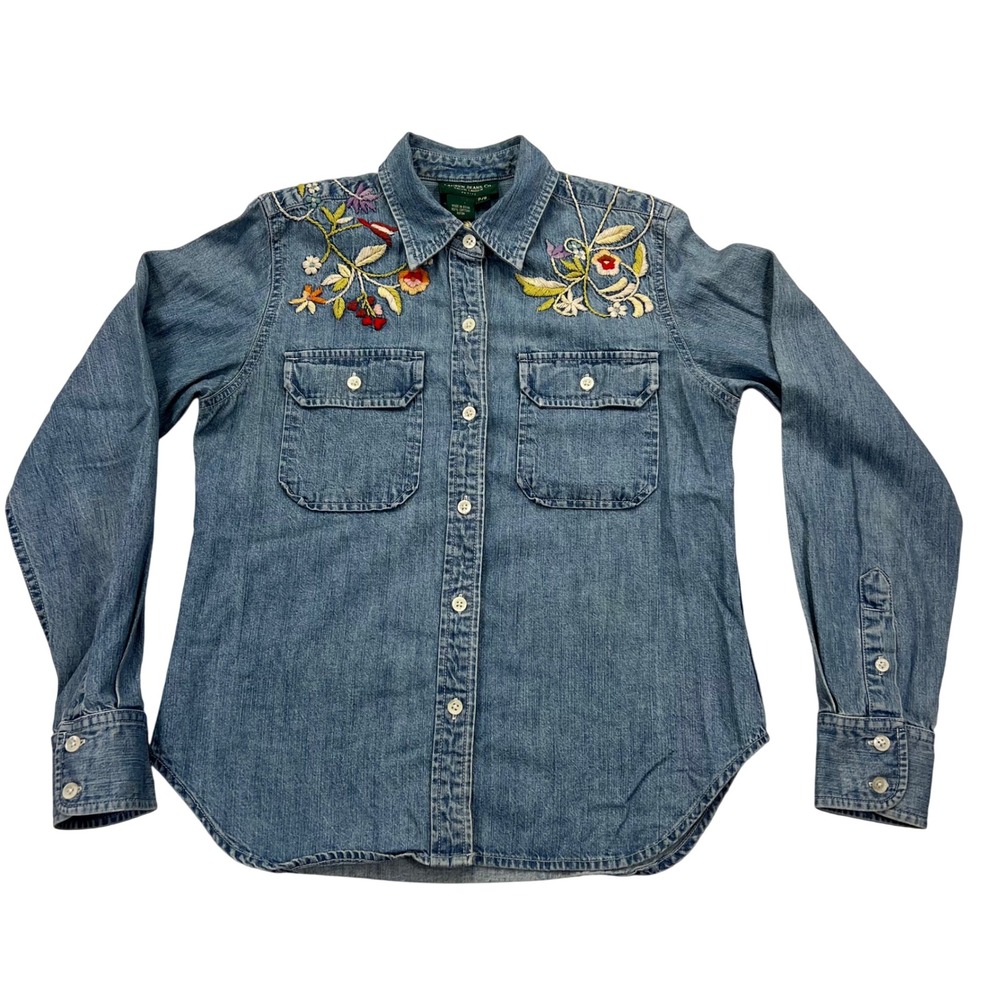 VTG 90s Ralph Lauren Embroidered Denim Shirt Petite S Boho Western Cottagecore